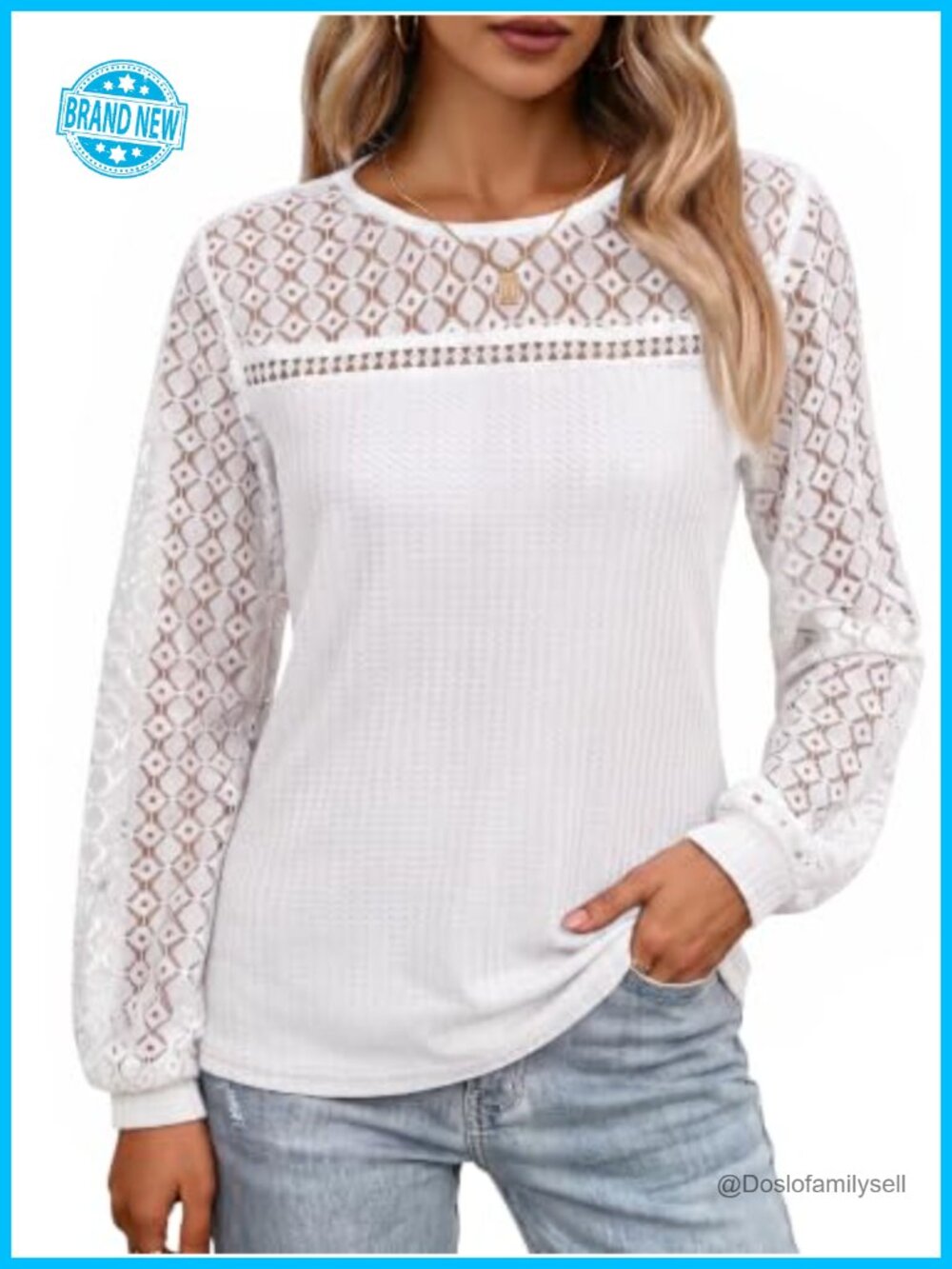 Women's Waffle Knit Lace Puff Sleeve Blouse Dressy Casual Top